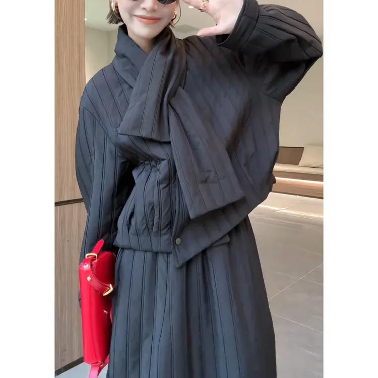 时尚百搭宽松遮肉显瘦套装2025秋冬新款纯色围巾长袖上衣收腰半裙