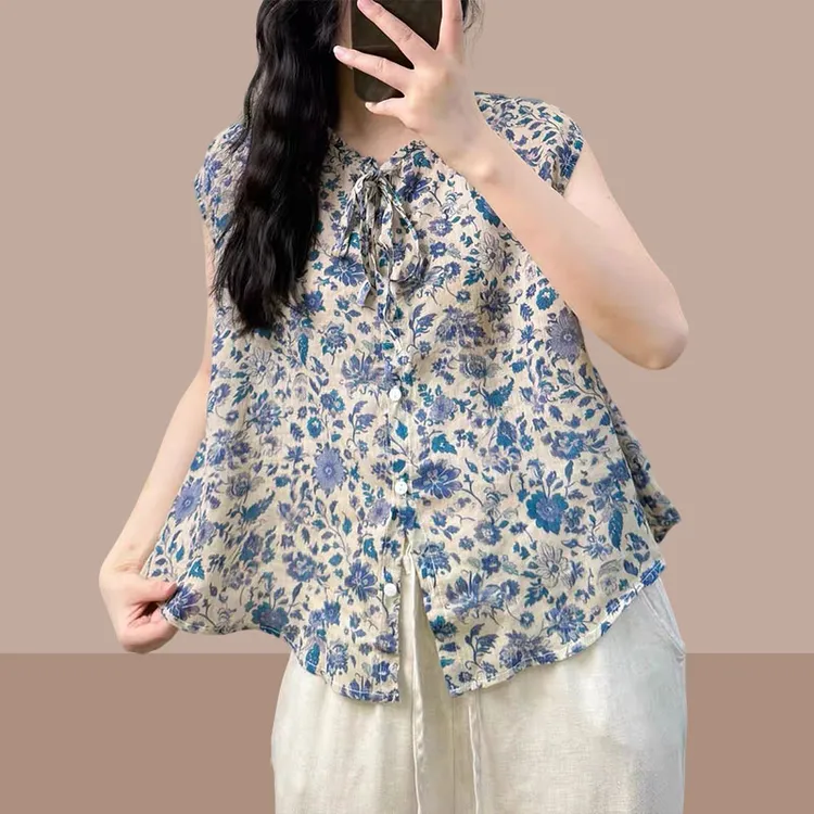 2025夏季复古印花木耳领系带苎麻无袖衬衫碎花文艺百搭薄款上衣女