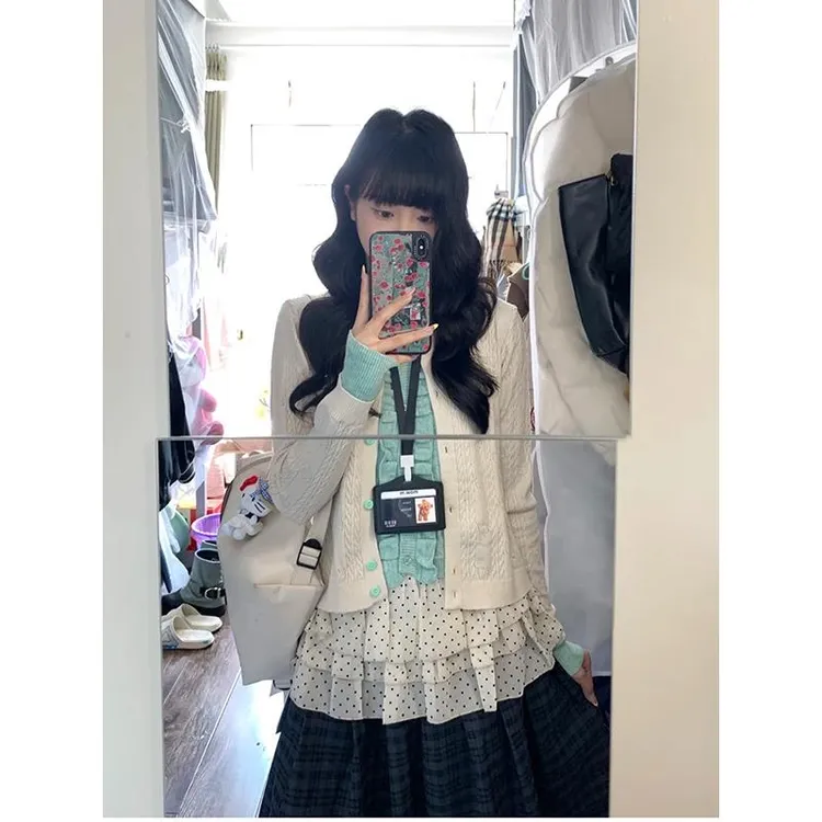 2025早秋新款韩系温柔甜美假两件针织镂女士秋防条纹针织罩衫