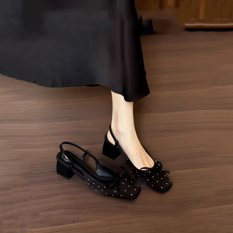 复古风蝴蝶结黑色单鞋后拌带包头凉鞋女夏季气质绸缎粗跟高跟鞋女