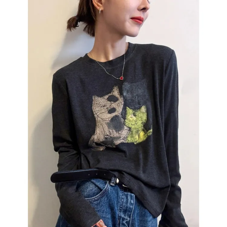 小猫印花面膜长袖T恤女欧洲站2025秋装新款欧货洋气宽松打底衫潮