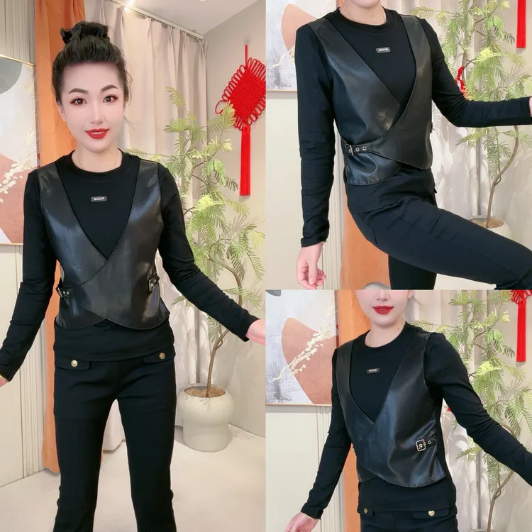 新款25346拼皮圆领时尚显瘦洋气小衫