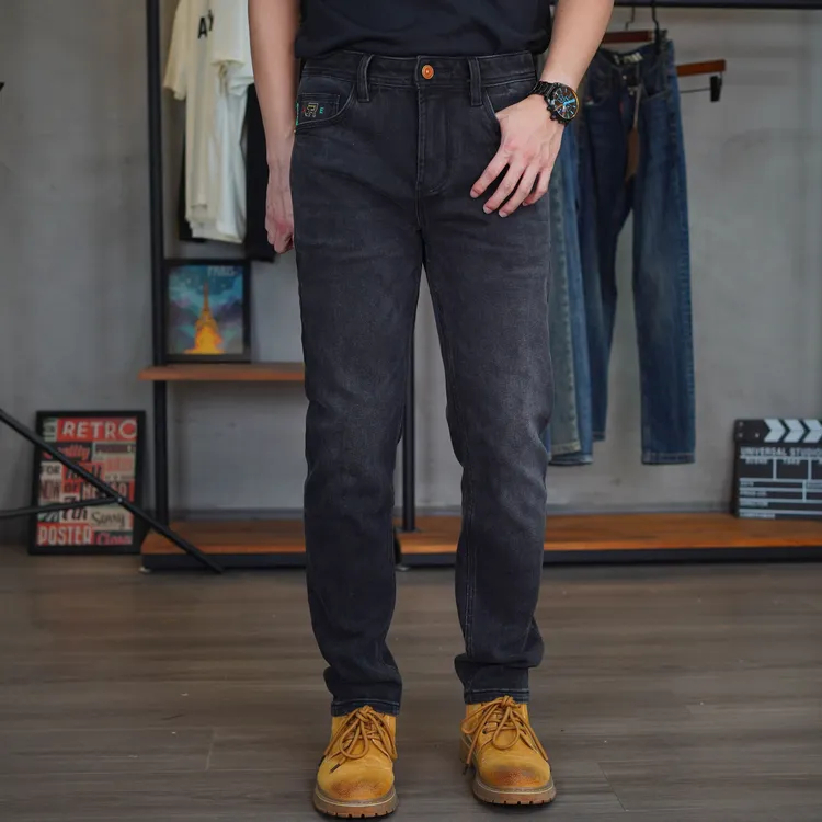 DH81086秋冬黑灰色中腰裤子牛仔裤休闲风男士弹力修身小直筒时尚