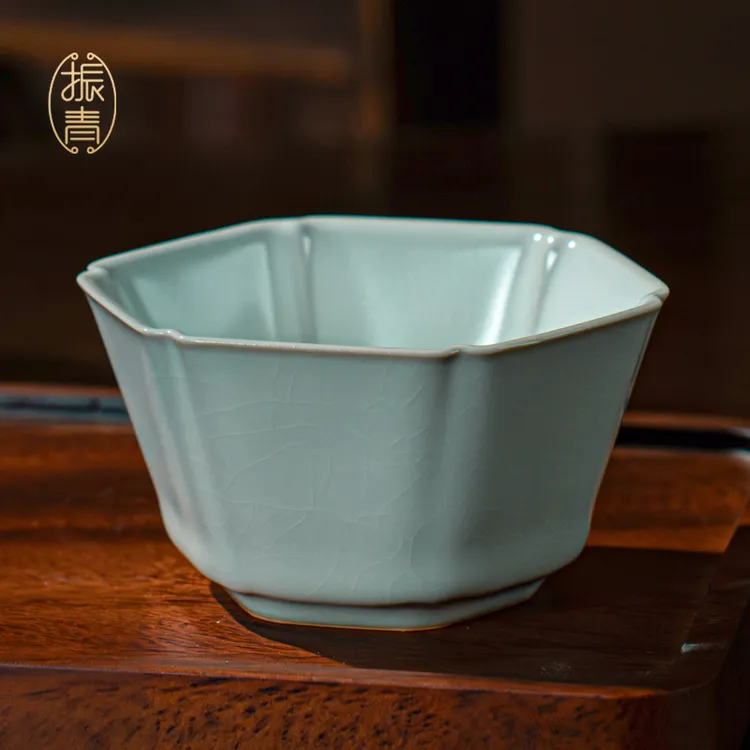 汝窑六方倭口杯110ml高档送礼茶具陶瓷品茗杯景德镇薄胎汝瓷茶杯