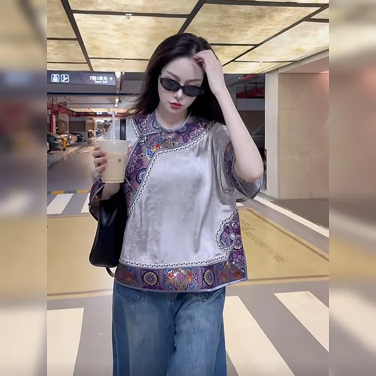 新中式国风复古清汉气质改良汉服盘扣圆领衬衫上衣女2025春季新款