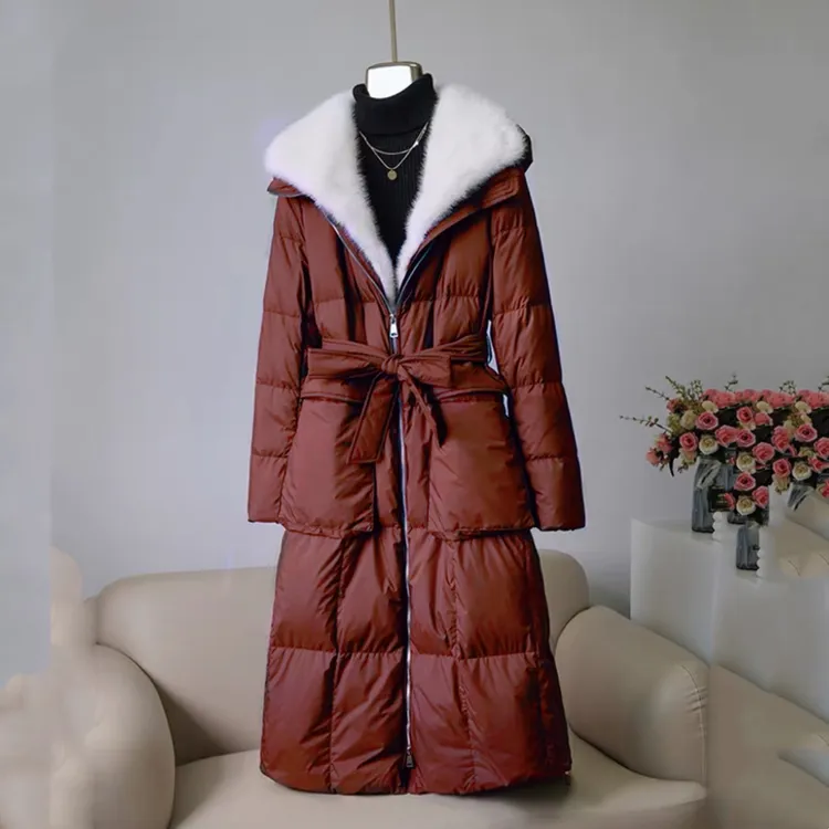高端大毛领羽绒棉服时尚女长款2025冬系带棉袄新款过膝收腰外套