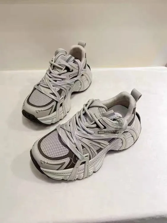 圆头休闲老爹鞋极简风时尚休闲鞋女士网面灰色厚底运动鞋单鞋