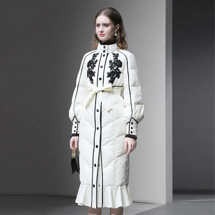 2025冬季复古撞色贴花设计系带收腰中长款加厚羽绒服H-DC10120767