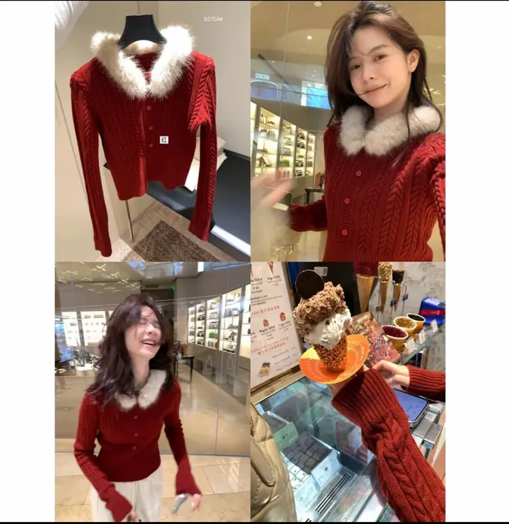 純欲小撩精复古可拆卸毛毛领麻花针织衫冬季圆领显瘦百搭毛衣