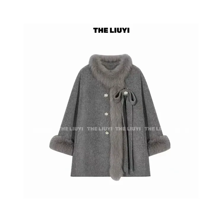 【LIUYI】冬款真狐狸毛领羊毛双面呢大衣512184
