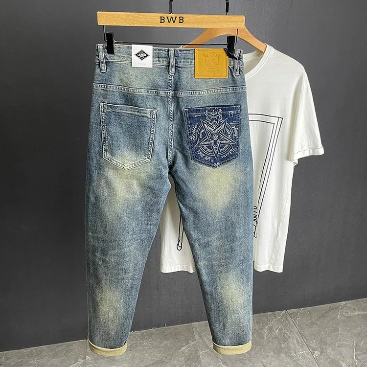 潮牌高端牛仔裤男夏季薄款潮流修身直筒美式高街蓝色休闲弹力裤子
