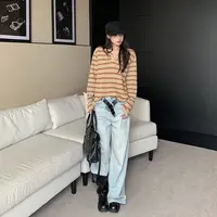 韩系老钱慵懒风撞色咖条纹V立领长袖针织衫上衣女秋上新简约百搭