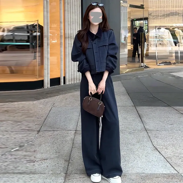 韩版休闲时尚套装女2025年春秋新款夹克牛仔开衫外套阔腿裤两件套