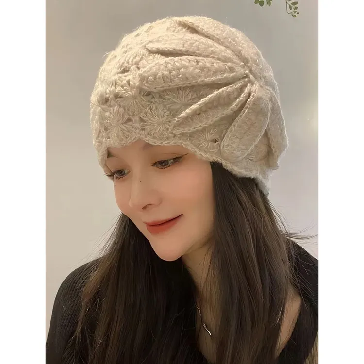 手工钩花包头帽遮白发毛线帽秋冬防寒保暖帽子女镂空针织帽瓜皮帽