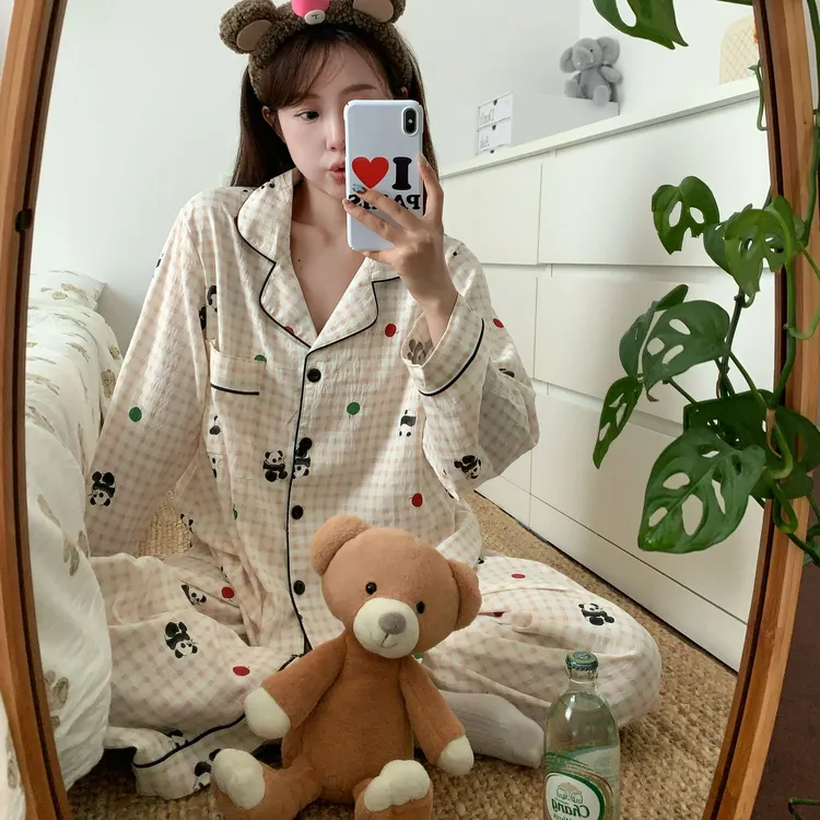 翻领大码睡衣女套装长袖格子胖妹睡衣云朵棉宽松宽版型甜美家居服