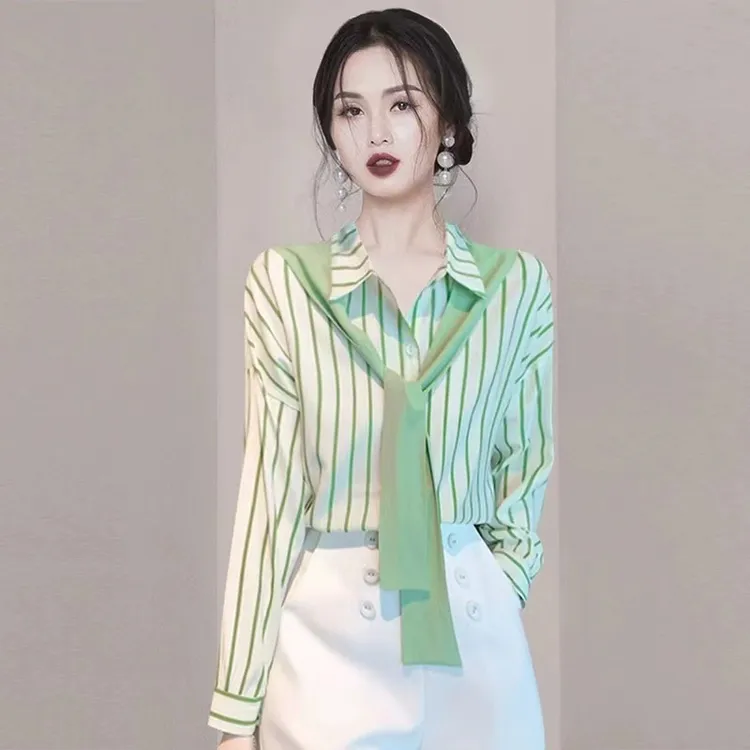 假两件条纹衬衫女春秋季洋气雪纺上衣2025新款时尚飘带披肩衬衣潮