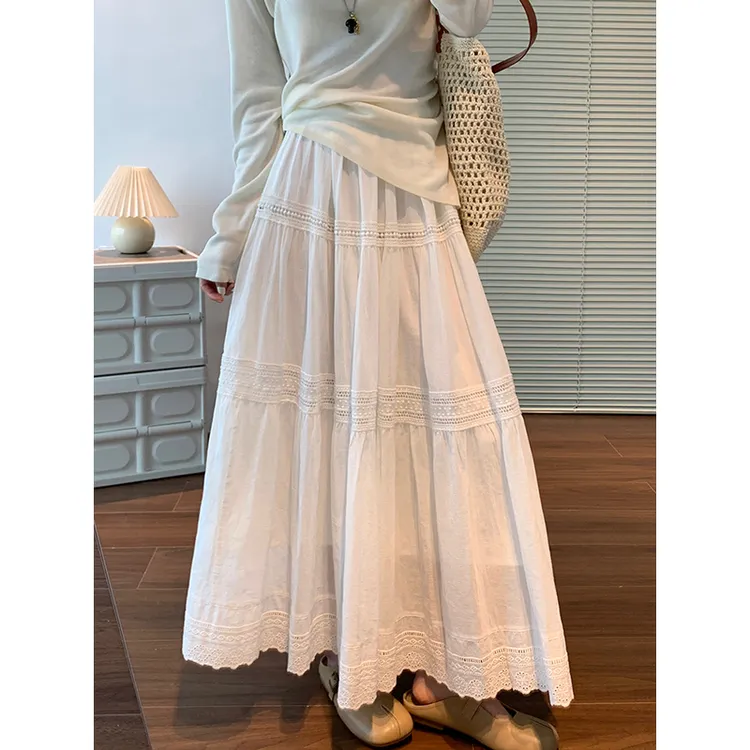 白色半身裙女秋冬文艺A字大摆中长款蛋糕裙蕾丝花边温柔风长裙子