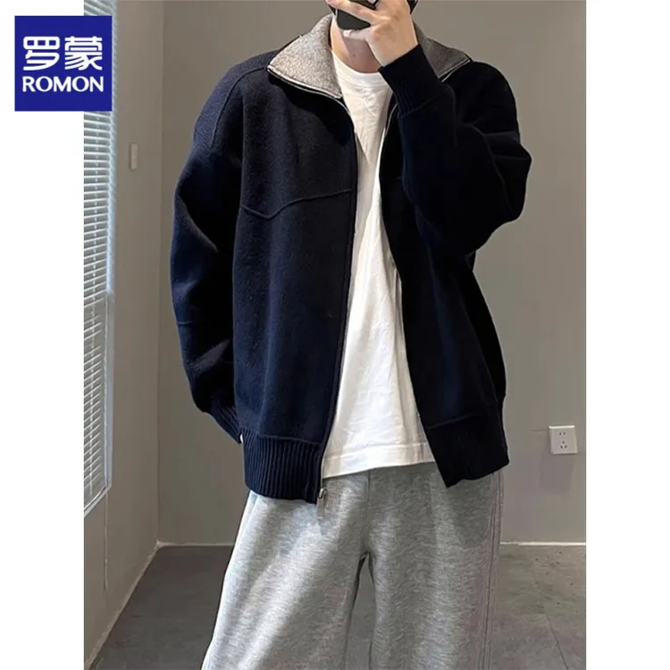 罗蒙针织毛衣开衫外套秋季男士简约时尚级感宽拼色休闲轻奢高松