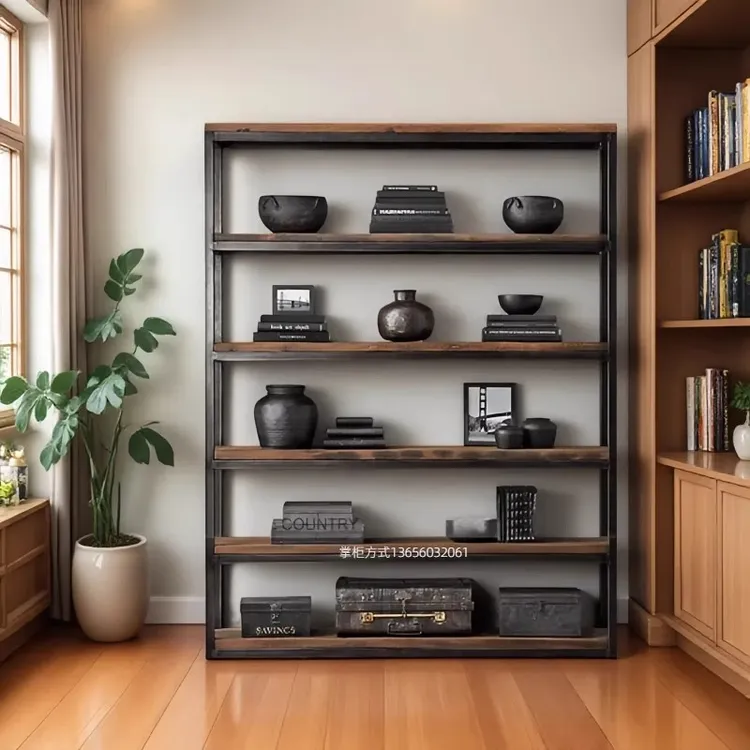 loft美式厨房铁艺置物架实木复古书架落地书柜陈列架北欧多层架  