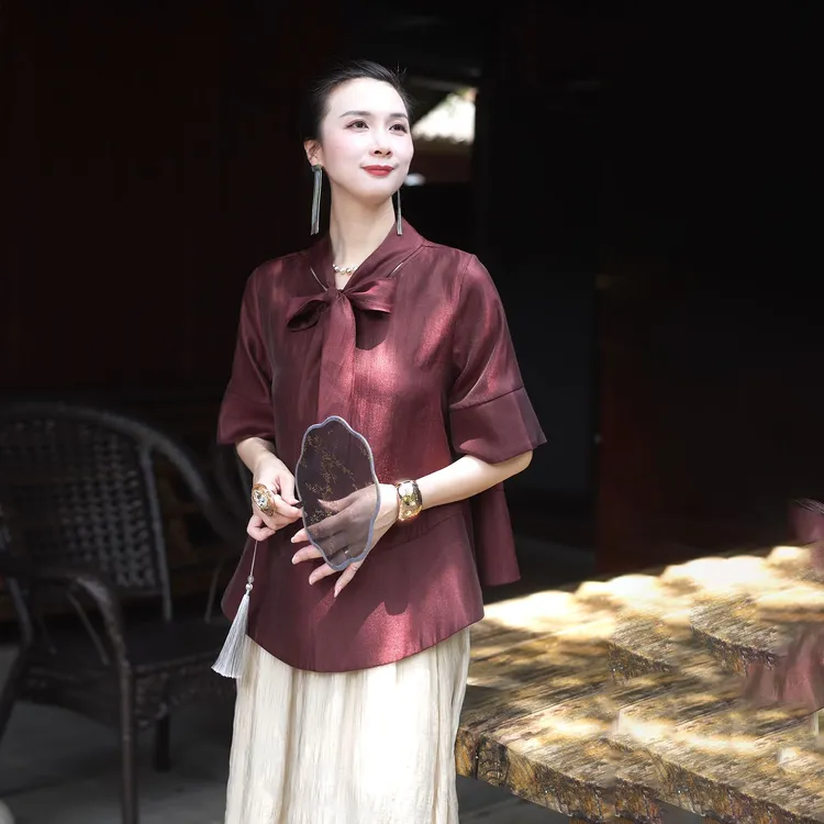 新中式《露红烟紫》女士精致百搭紫红色飘带上衣短袖ZX24096-2