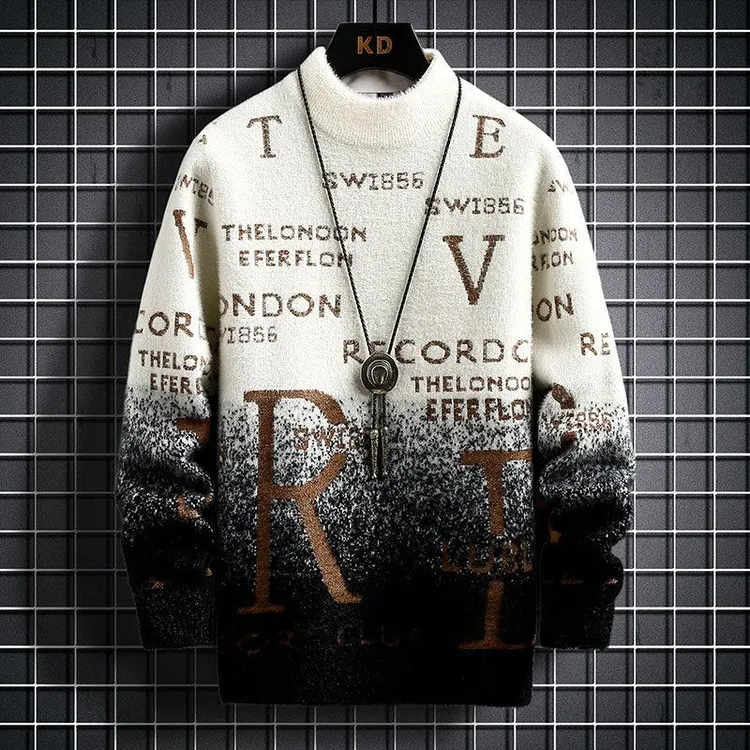 水貂绒毛衣男秋冬渐变加厚保暖内搭打底衫宽松潮流半高领套头线衣