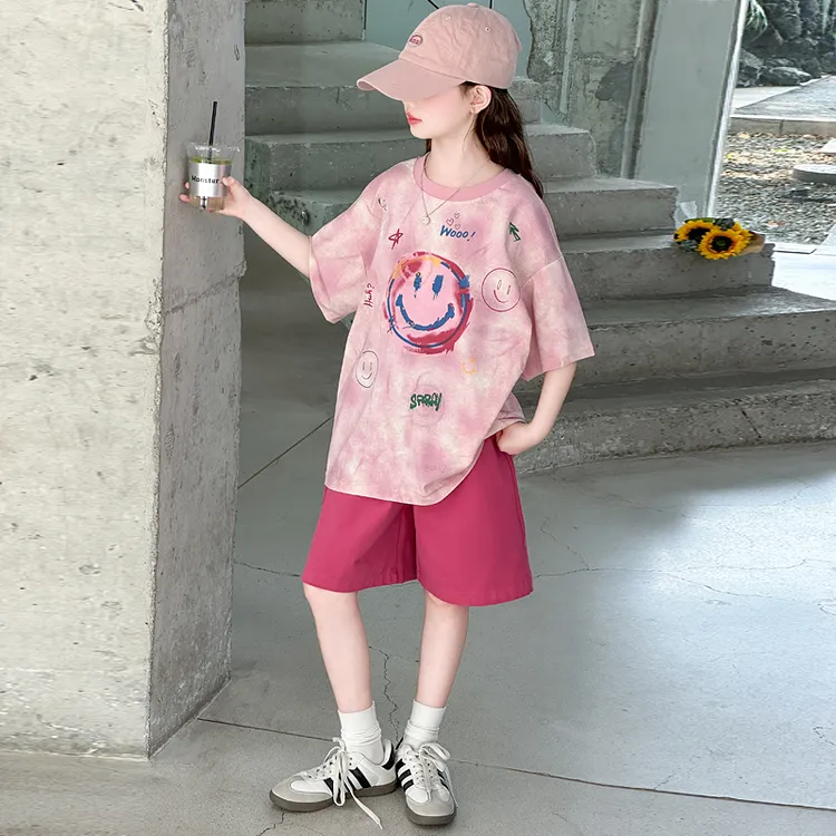女童夏装套装2025新款中大童洋气笑脸短袖女孩夏季休闲短裤两件套
