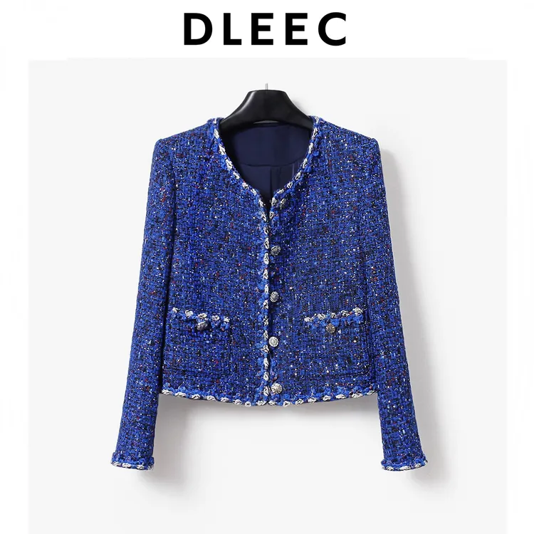 DLEEC 名媛挚爱！小众设计感镶边亮片蓝色小香风短款外套时髦上衣