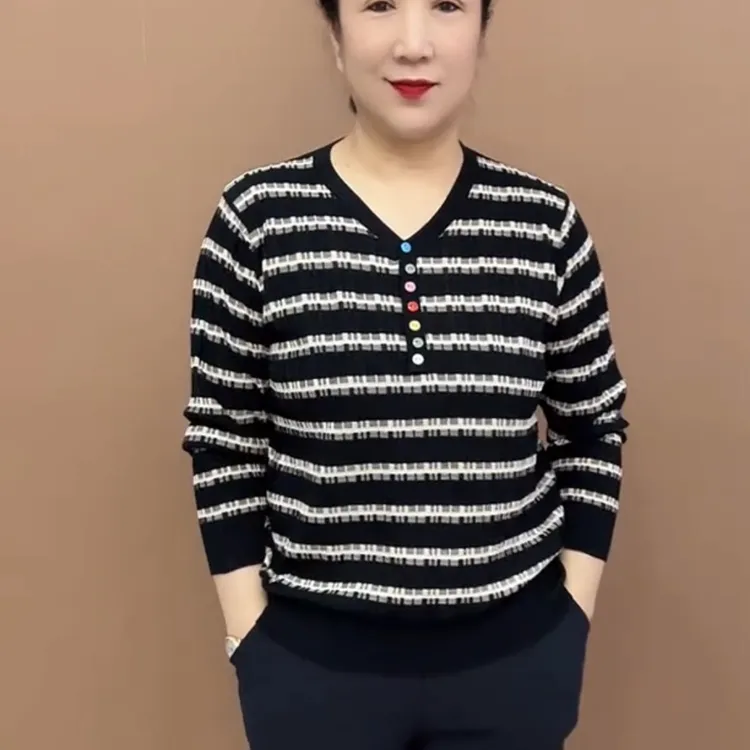 针织显瘦条纹休闲风百搭宽松衫长袖上衣
