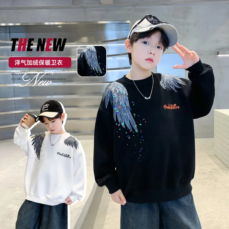 男童加绒卫衣冬装2025新款中大童男孩翅膀上衣炸街学生打底衫翅膀