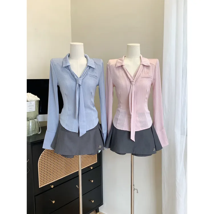 AFF FREEDOM原创设计纯欲缎面丝滑收腰衬衫长袖女领带上衣百搭秋