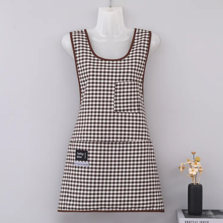 春季新品小个子短款围裙棉布格子交叉带多口袋舒适透气耐脏围腰