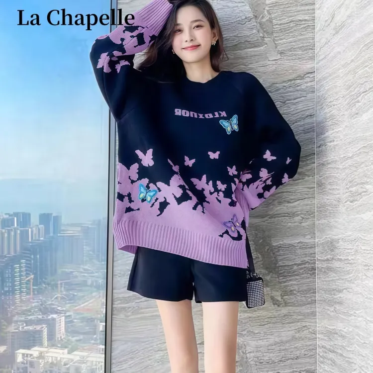拉夏贝尔秋季时尚减龄慵懒风长袖圆领针织打底衫卡通印花百搭上衣