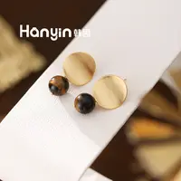 925银针12mm木变石虎眼石拉丝凹面几何耳钉