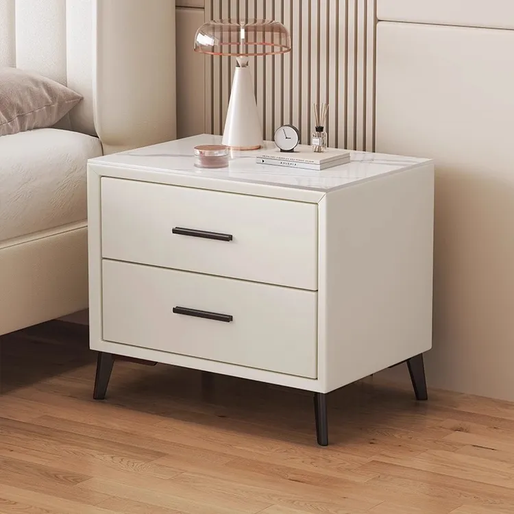 轻奢岩板皮质床头柜家用实木简约床边柜现代卧室小型收纳储物柜
