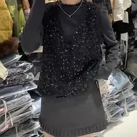 (番茄)亮片蕾丝花边半高领加绒毛针织衫