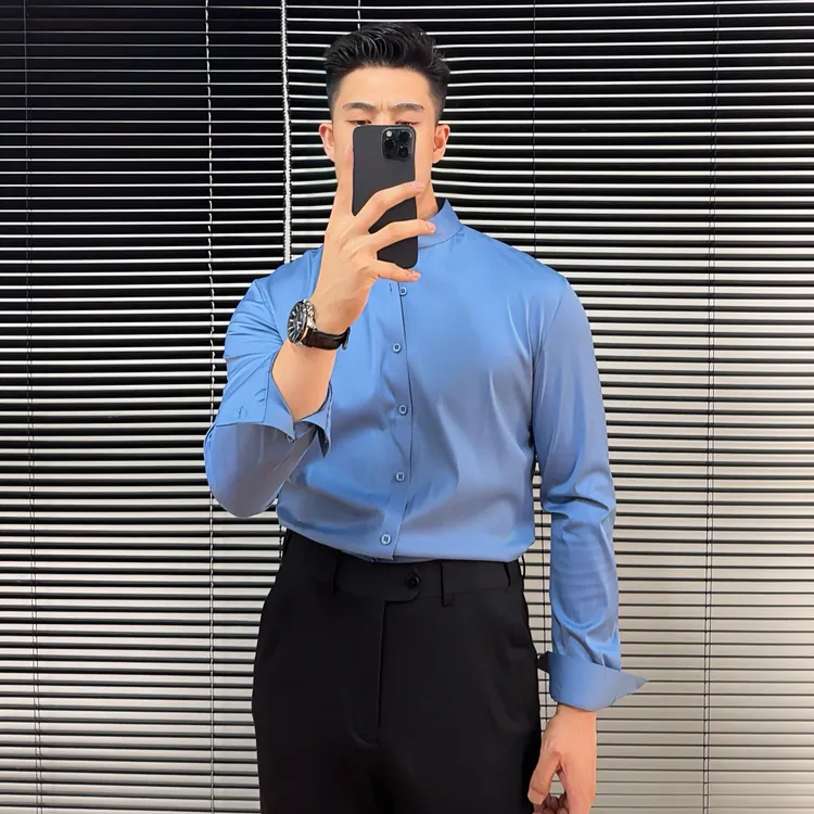 轻奢无痕立领衬衫男秋冬新款纯色百搭商务休闲长袖衬衣修身韩版