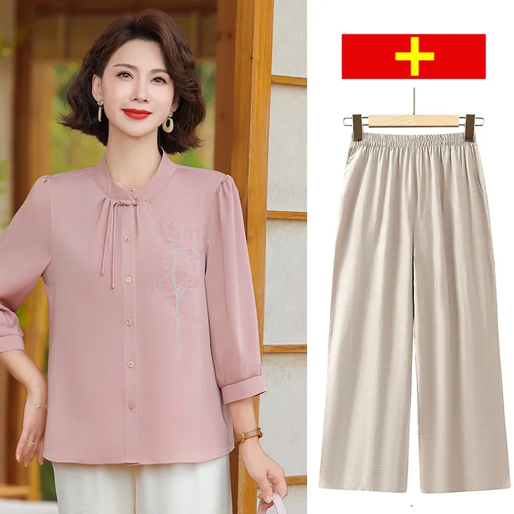 妈妈新中式国风衬衣小衫上衣女装夏季衬衫中老年春夏减龄套装