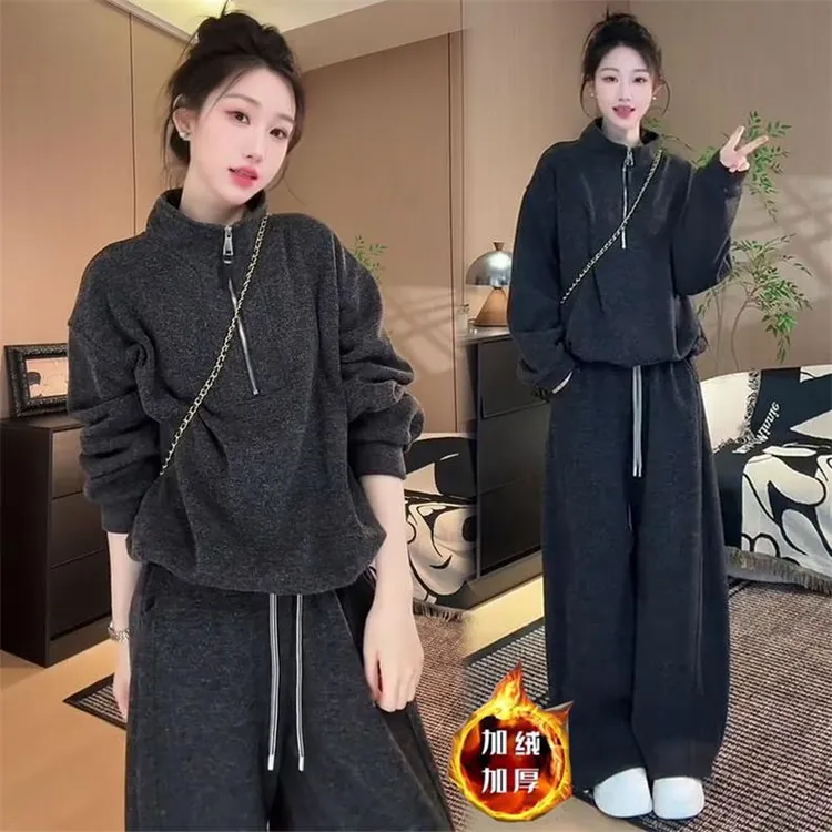 加绒加厚休闲套装女2025冬季新款时髦洋气棉马甲卫衣阔腿裤三件套