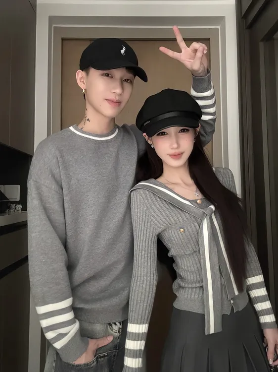 针织衫开衫款秋季针织春秋长袖海军领毛衣拼接不起球2025情侣新款