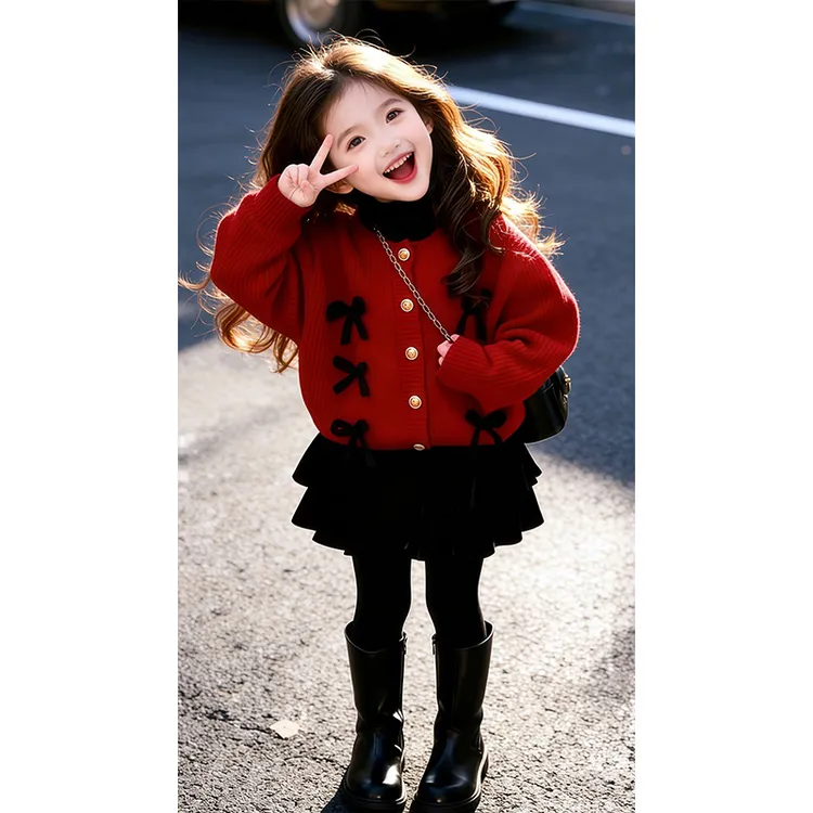 韩国童装女童套装圣诞穿搭冬季洋气女宝红色蝴蝶结毛衣+丝绒半裙