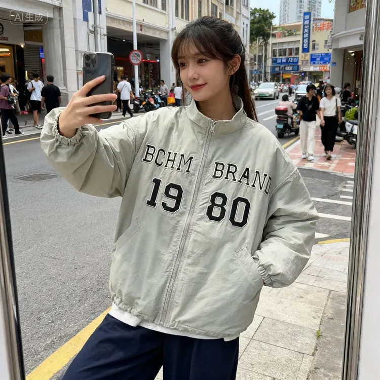 韩系美式时尚潮流运动印花拉链立领长袖夹克冲锋衣外套国庆秋季