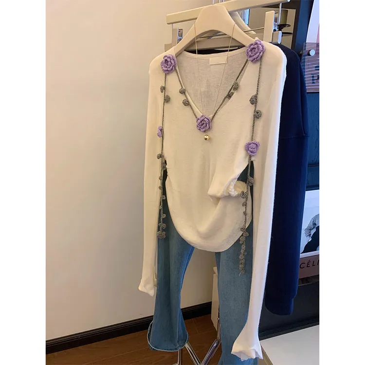 实拍杏色v领针织衫女早秋氛围感韩系立体花朵掐腰上衣修身打底衫