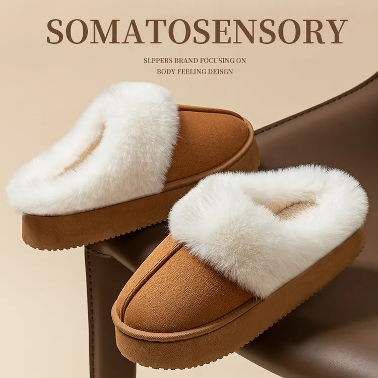 酷如意加绒保暖棉拖鞋女款冬季2025新款时尚毛绒加厚外穿厚底棉拖