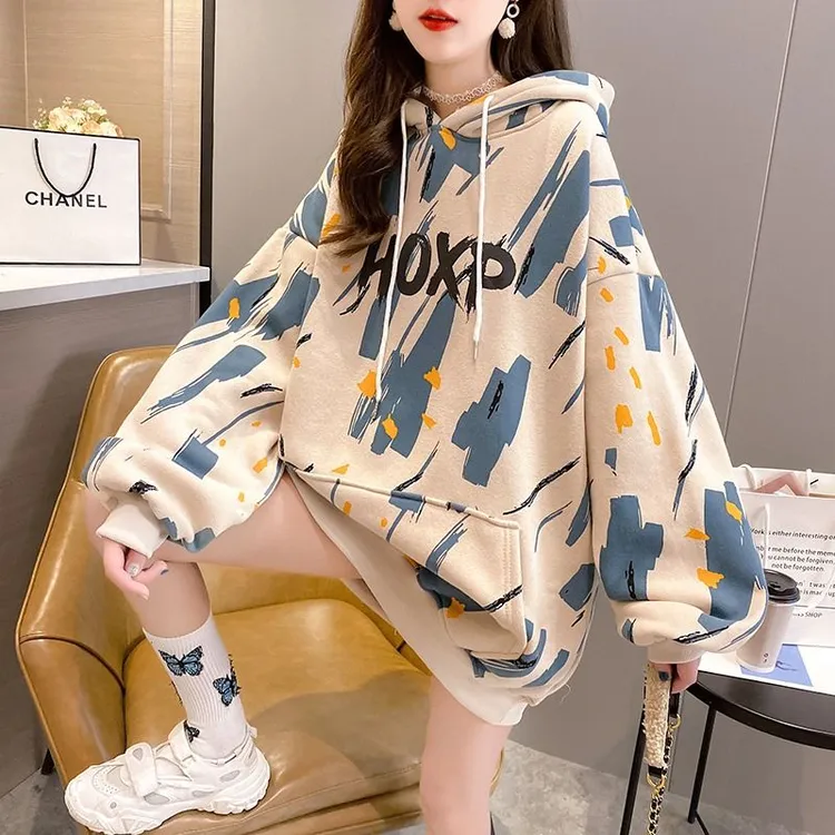 中长款宽松大码胖mm女装春秋薄款连帽卫衣女2025新款韩版涂鸦外套