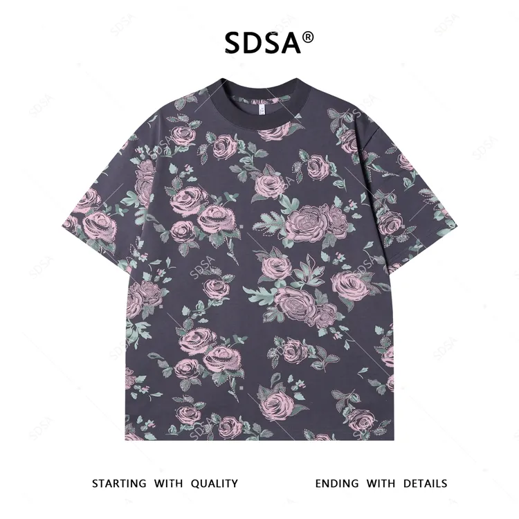 夏季高级感新款男士美式撞色满印玫瑰花设计宽松休闲时尚圆领上衣