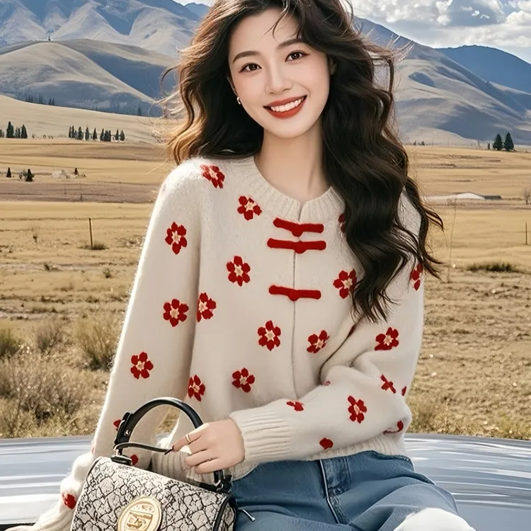 新中式国风盘扣花朵毛衣女装秋冬季重工小衫内搭独特漂亮针织上衣