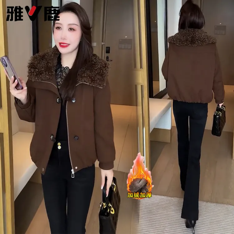雅鹿加绒加厚翻毛领外套女冬季新款宽松短外套拼接领外套
