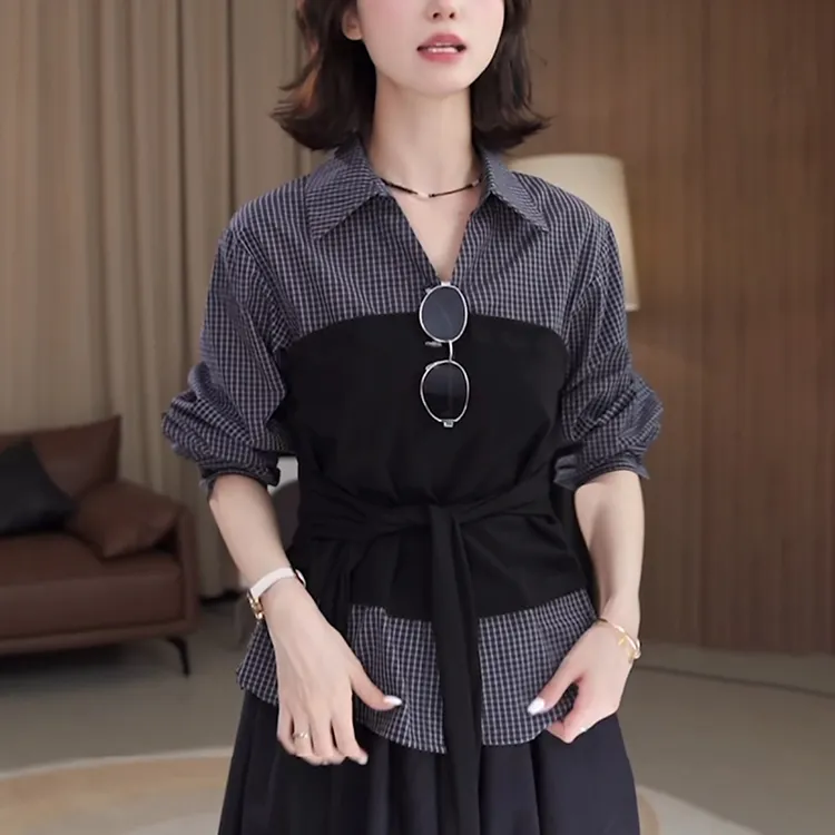 2025秋季新款女假两件长袖格子衬衫设计感减龄收腰显瘦绑带上衣