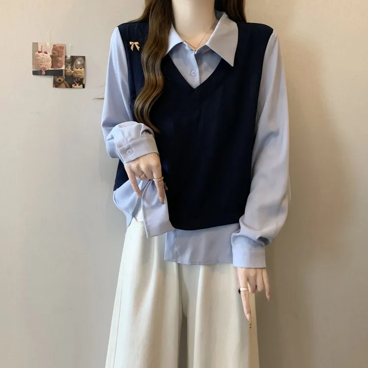 大码女装遮肚子假两件正肩Polo领长袖衬衫女胖MM宽松显瘦别致上衣