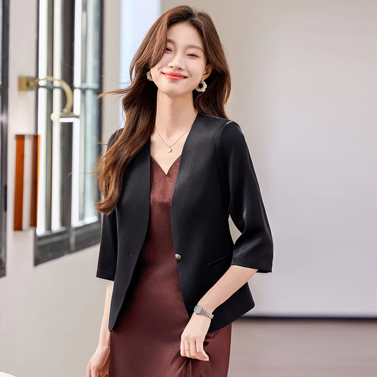 黑色无领小香风西装外套女士夏季薄款高级感中袖西服裙洋气休闲